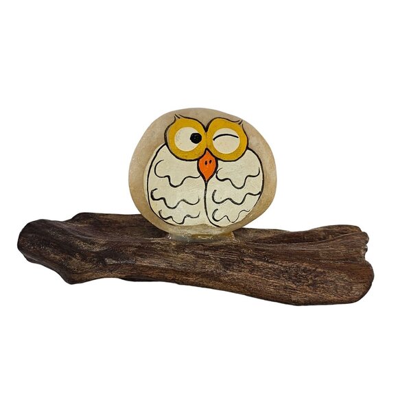 Hand Painted Owl Rock Decor on Driftwood Unique Home Office Art Gift MCM - Picture 1 of 7